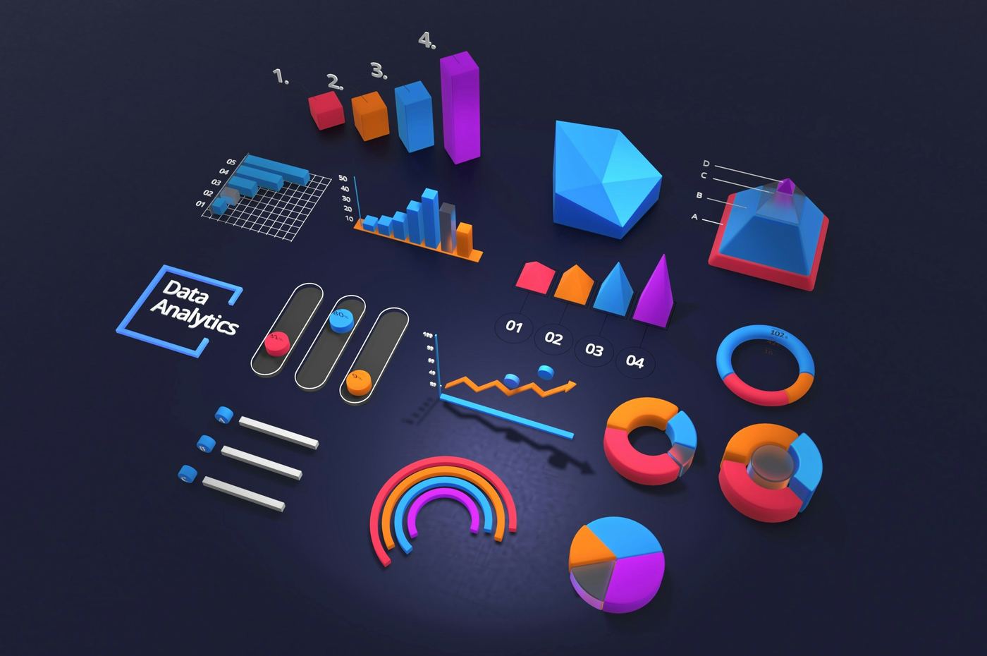 Elementos 3D de dashboards, gráficos e visualização de dados